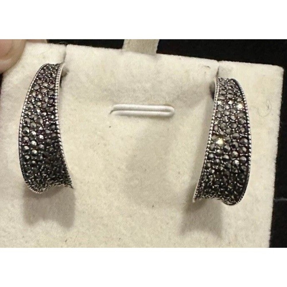 Vintage XO 925 Sterling Silver Pave Marcasite J Hoop Post Earrings